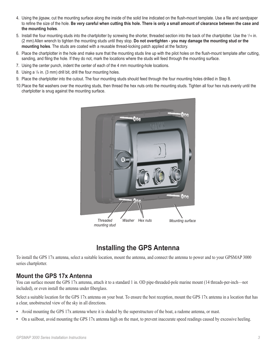 Installing the gps antenna, Mount the gps 17x antenna | Garmin 3000 User Manual | Page 3 / 10