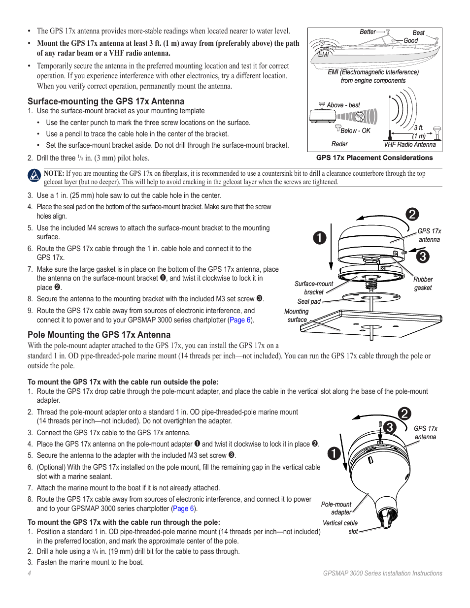 Surface-mounting the gps 17x antenna, Pole mounting the gps 17x antenna | Garmin 3000 User Manual | Page 4 / 10