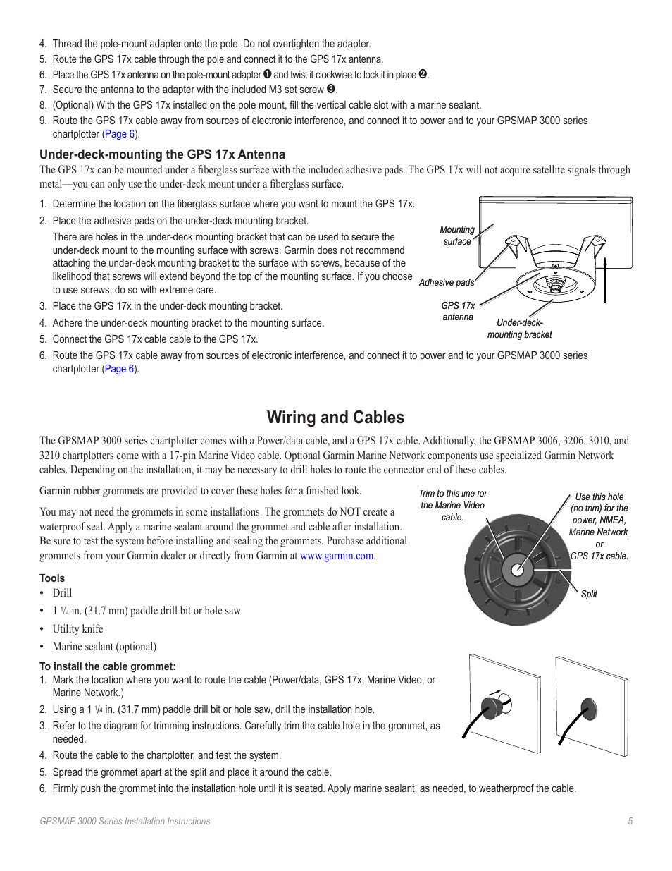 Under-deck-mounting the gps 17x antenna, Wiring and cables | Garmin 3000 User Manual | Page 5 / 10