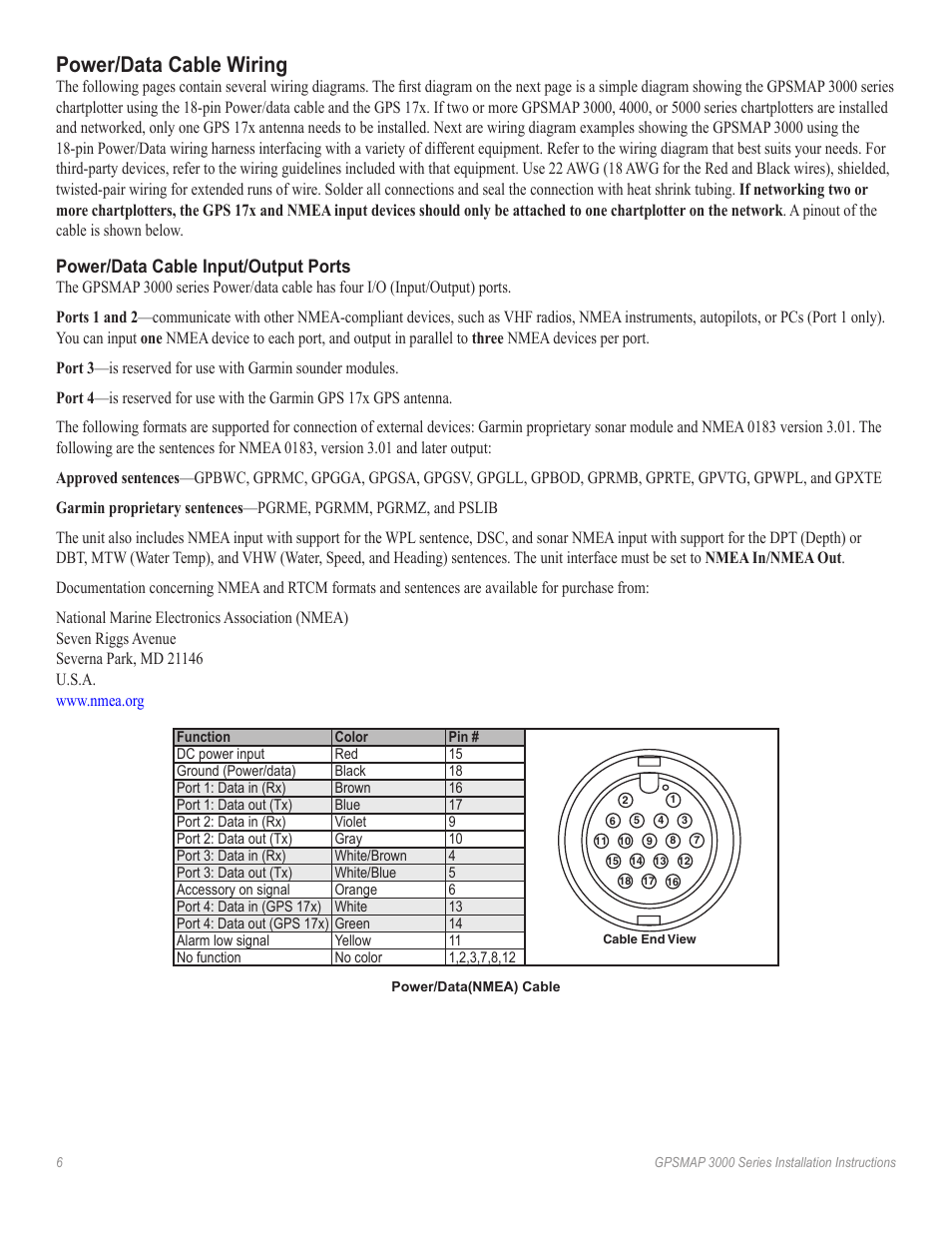 Power/data cable wiring, Power/data cable input/output ports | Garmin 3000 User Manual | Page 6 / 10