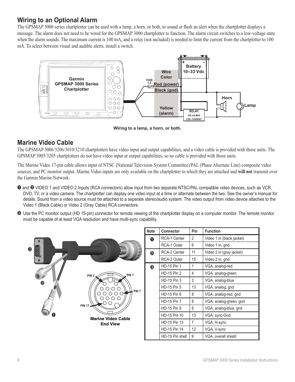 Wiring to an optional alarm, Marine video cable | Garmin 3000 User Manual | Page 8 / 10