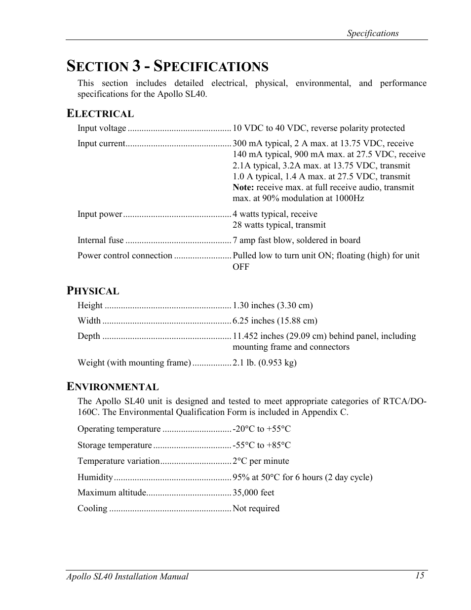 Ection, Pecifications | Garmin SL40 User Manual | Page 21 / 38