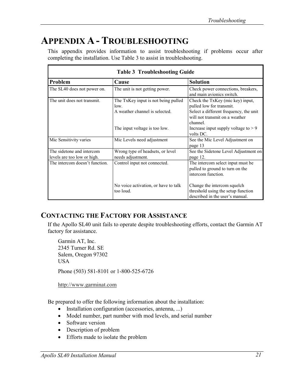 Ppendix, Roubleshooting | Garmin SL40 User Manual | Page 27 / 38