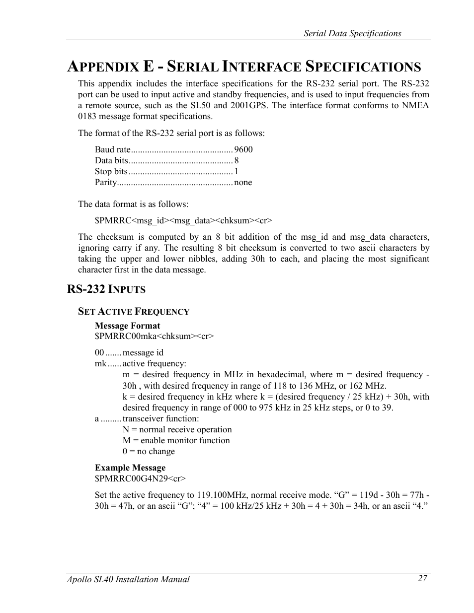 Ppendix, Erial, Nterface | Pecifications, Rs-232 | Garmin SL40 User Manual | Page 33 / 38