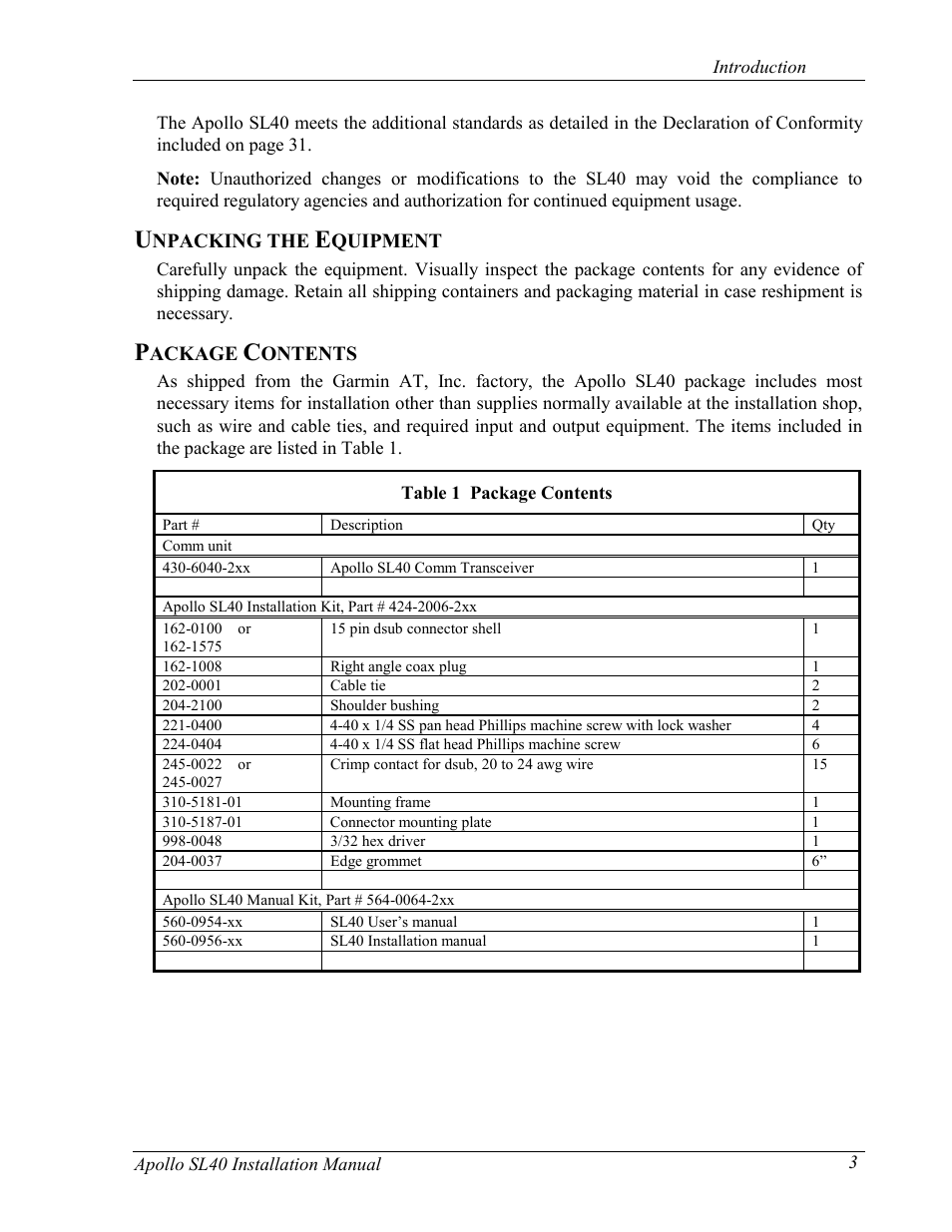 Npacking the, Quipment, Ackage | Ontents | Garmin SL40 User Manual | Page 9 / 38