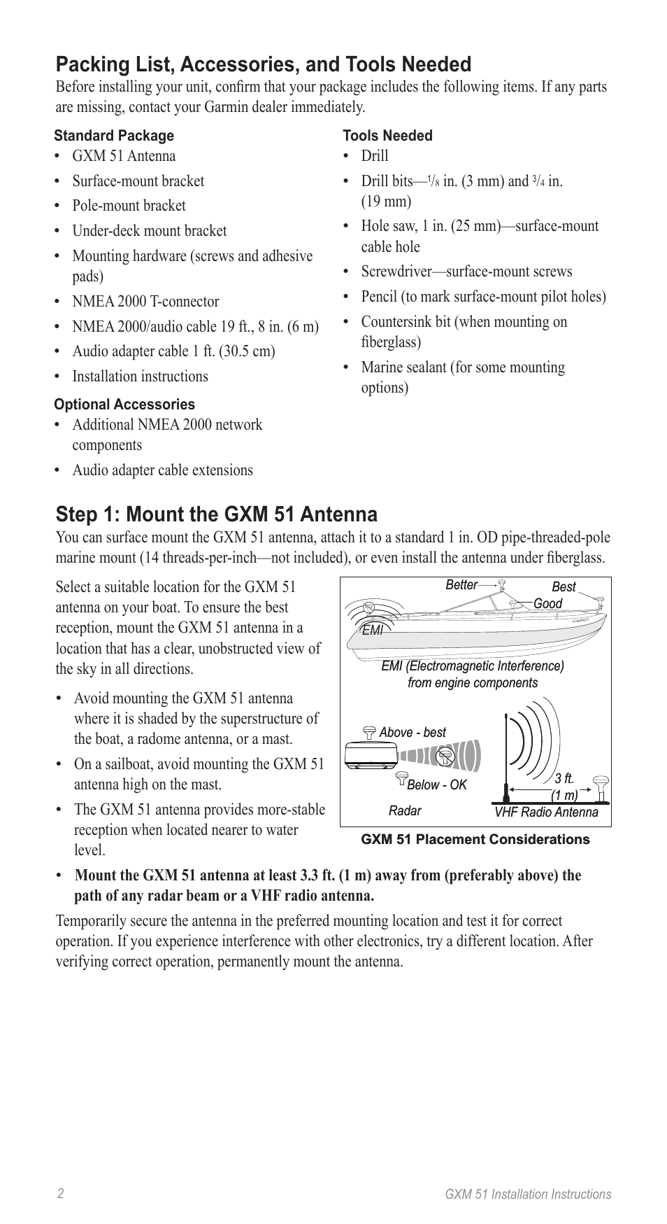 Packing list, accessories, and tools needed, Step 1: mount the gxm 51 antenna | Garmin Gxm 51 User Manual | Page 2 / 10