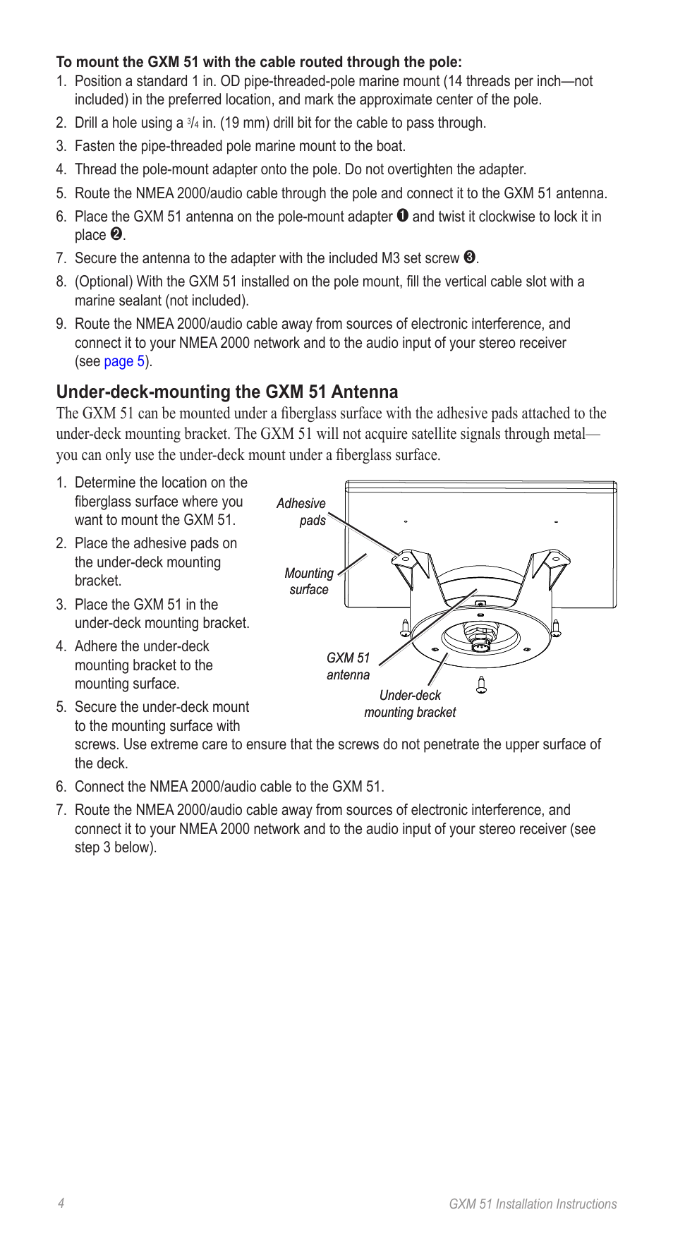 Under-deck-mounting the gxm 51 antenna | Garmin Gxm 51 User Manual | Page 4 / 10