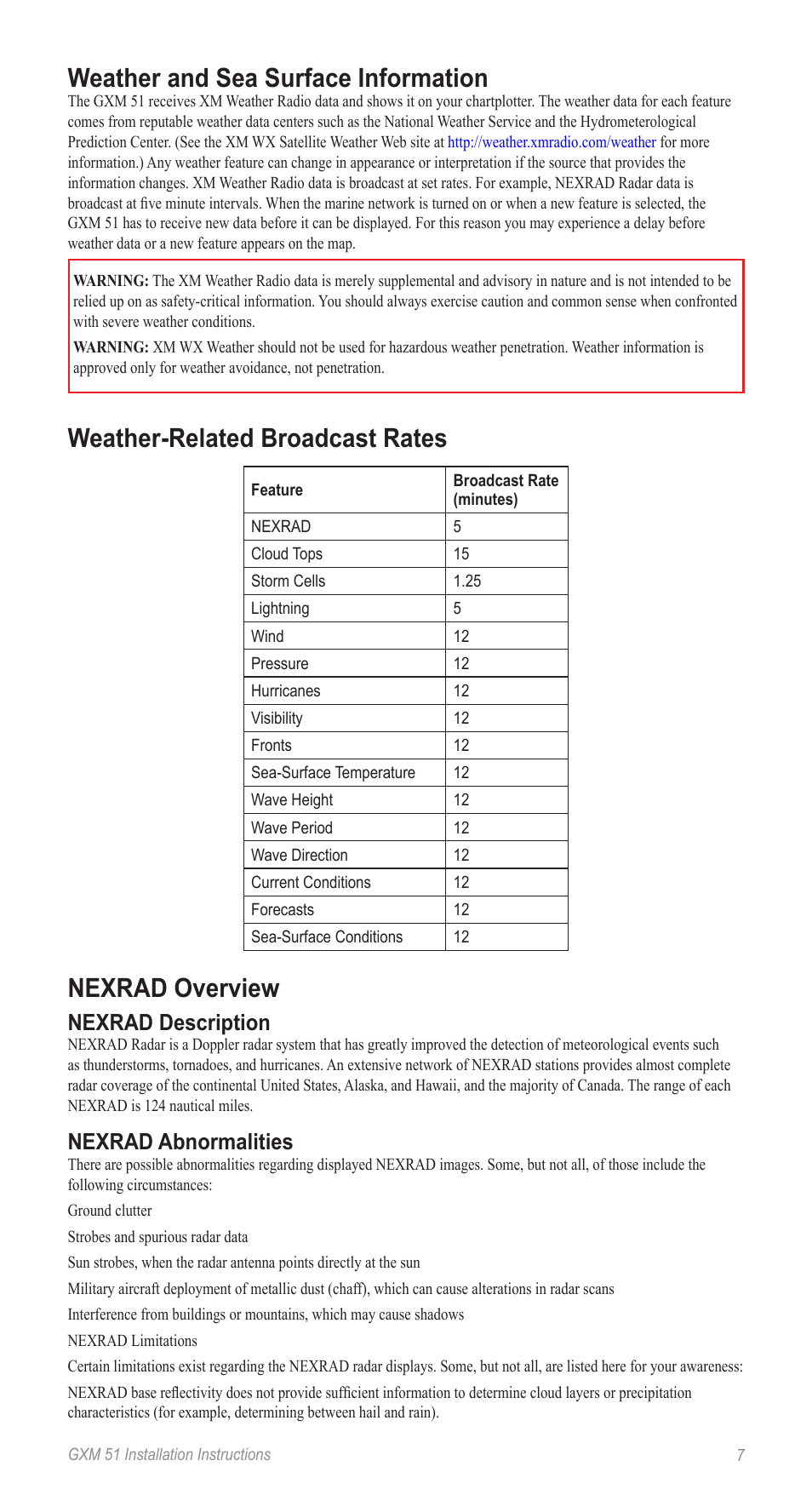 Weather and sea surface information, Weather-related broadcast rates, Nexrad overview | Nexrad description, Nexrad abnormalities | Garmin Gxm 51 User Manual | Page 7 / 10