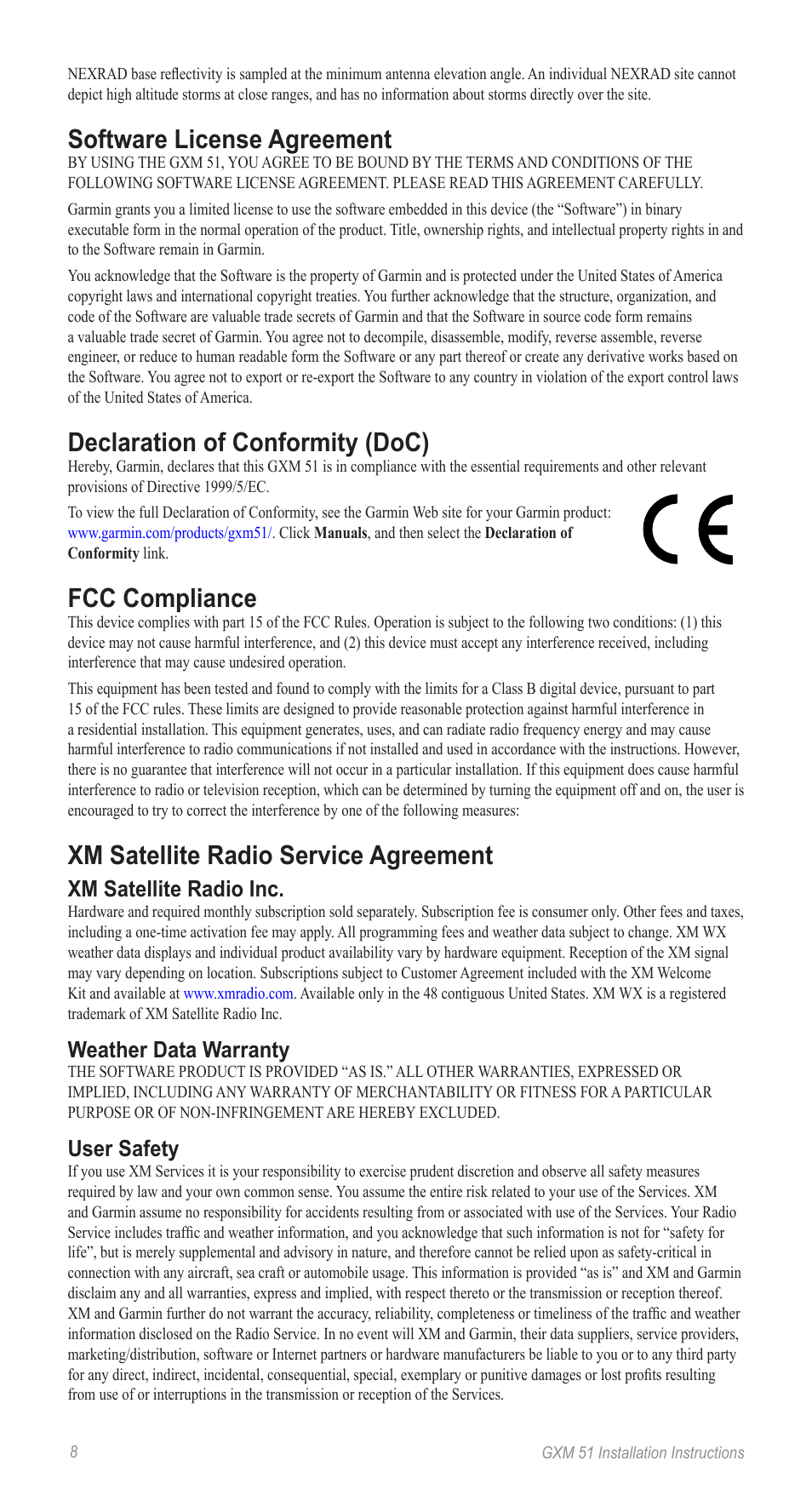 Software license agreement, Declaration of conformity (doc), Fcc compliance | Xm satellite radio service agreement, Xm satellite radio inc, Weather data warranty, User safety | Garmin Gxm 51 User Manual | Page 8 / 10