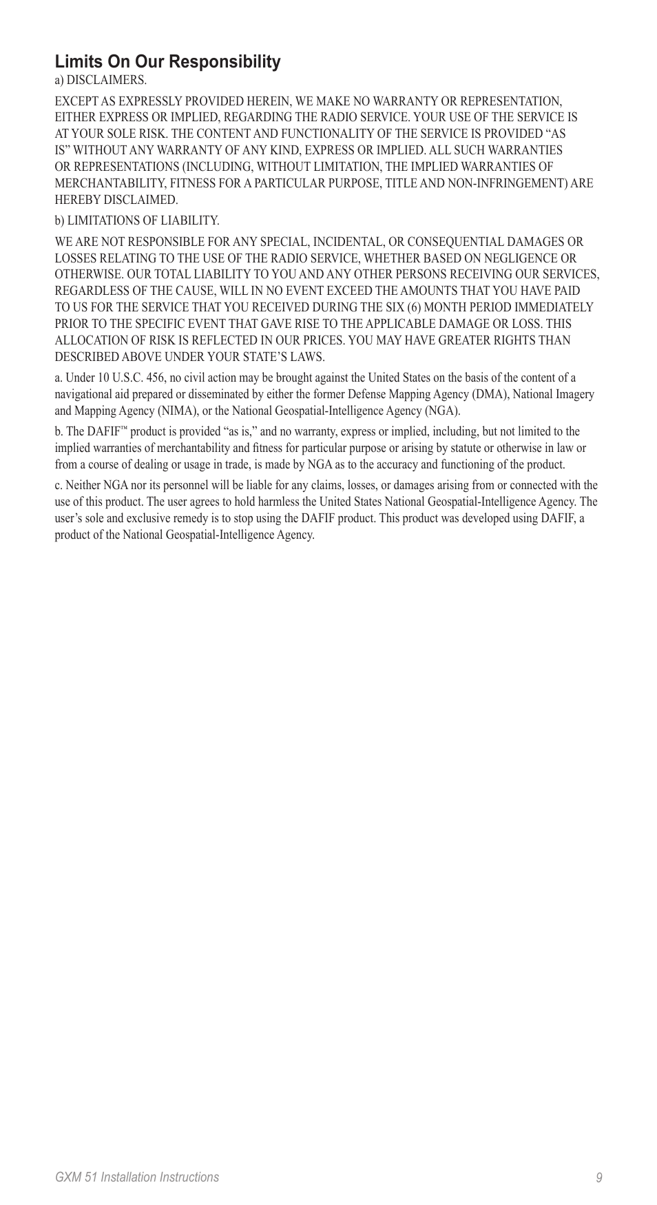 Limits on our responsibility | Garmin Gxm 51 User Manual | Page 9 / 10