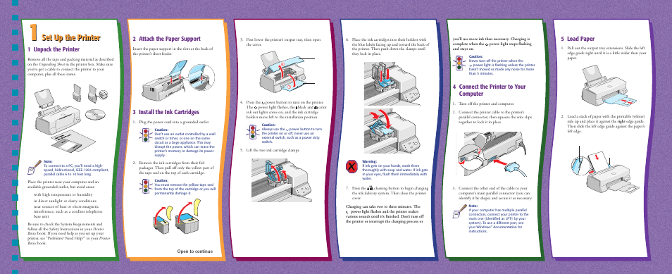 Set up the printer, 4 connect the printer to your computer, 5 load paper | 2 attach the paper support, 3 install the ink cartridges, 1 unpack the printer | Garmin STYLUS COLOR 440 User Manual | Page 2 / 6