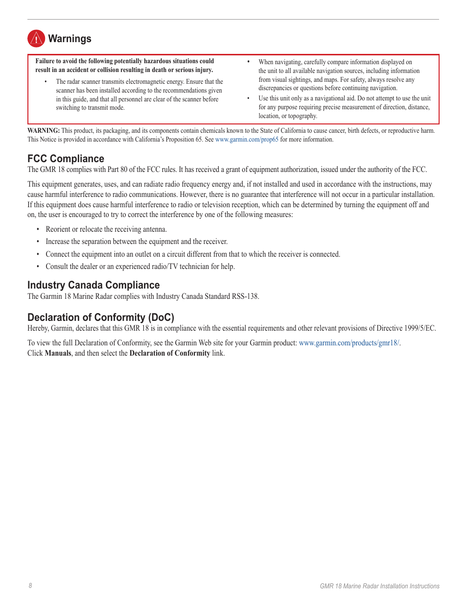 Warnings, Fcc compliance, Industry canada compliance | Declaration of conformity (doc) | Garmin GMR 18 User Manual | Page 10 / 12