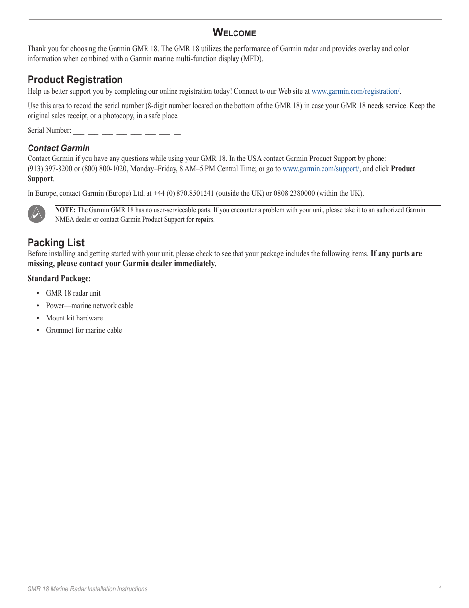 Product registration, Packing list | Garmin GMR 18 User Manual | Page 3 / 12