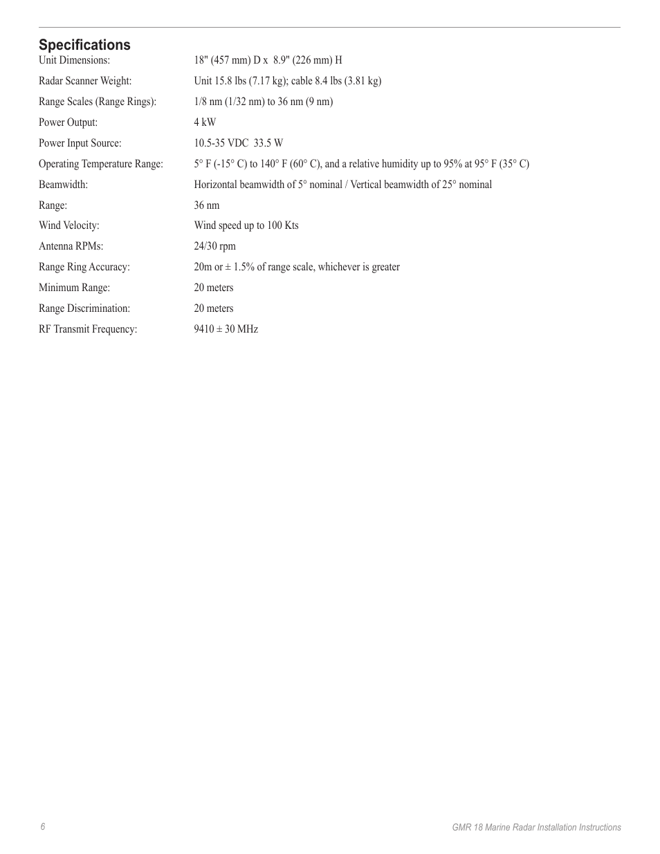 Specifications | Garmin GMR 18 User Manual | Page 8 / 12