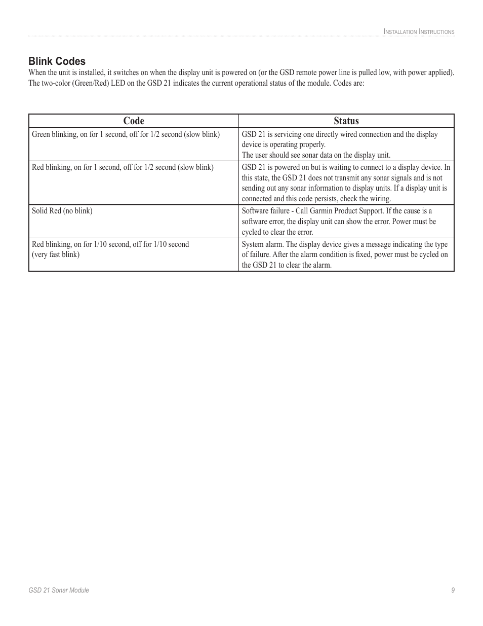 Blink codes, Code status | Garmin GSD 21 User Manual | Page 11 / 14