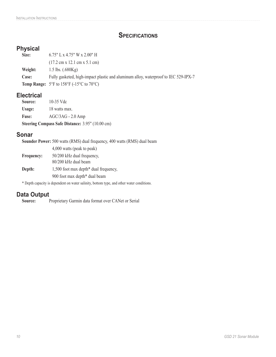 Physical, Electrical, Sonar | Data output | Garmin GSD 21 User Manual | Page 12 / 14