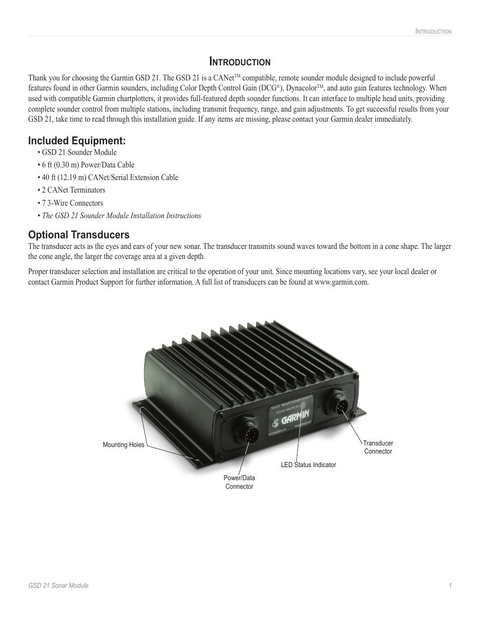 Included equipment, Optional transducers | Garmin GSD 21 User Manual | Page 3 / 14