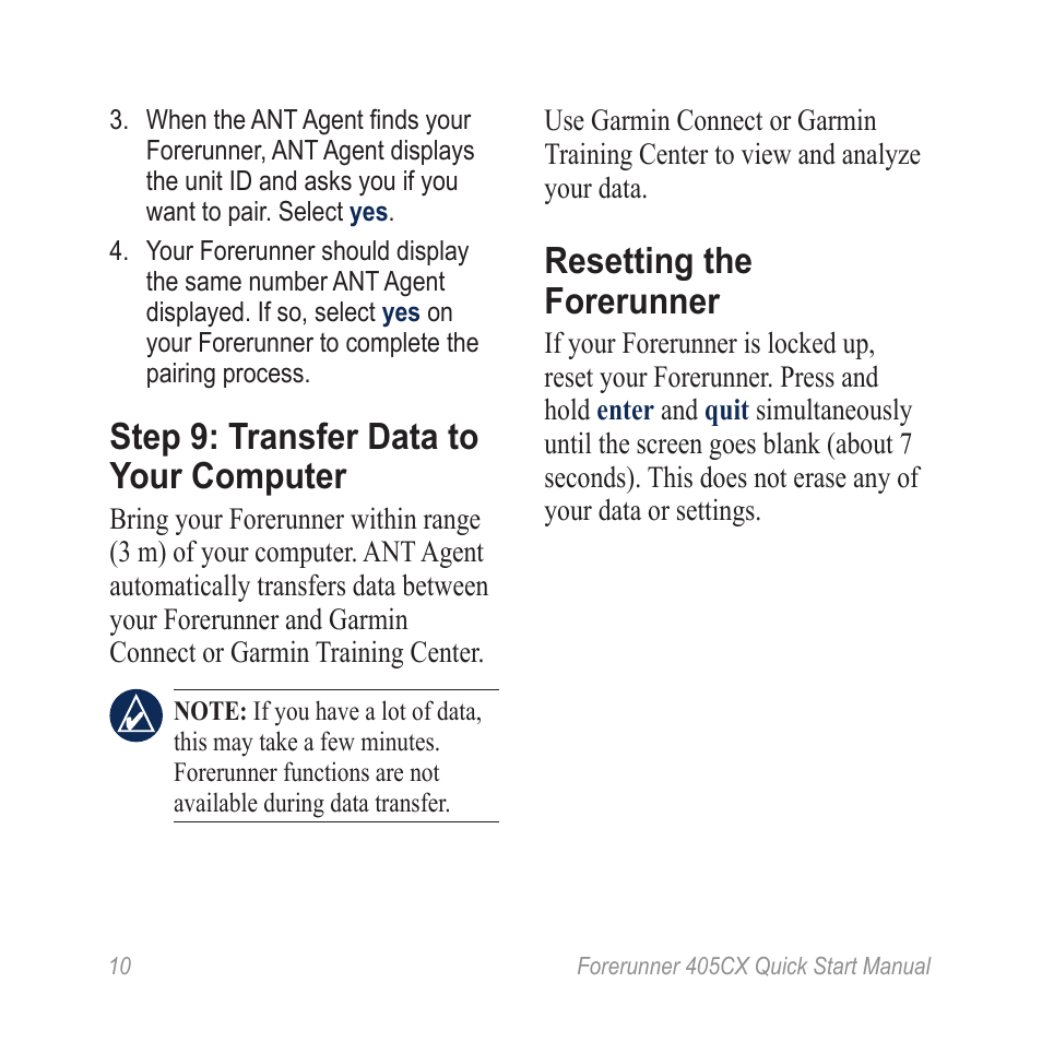 Step 9: transfer data to your computer, Resetting the forerunner | Garmin Forerunner 450CX User Manual | Page 10 / 12