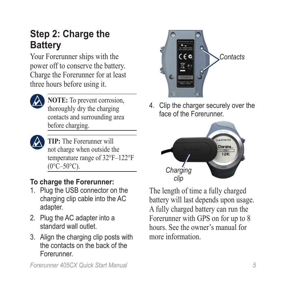 Step 2: charge the battery | Garmin Forerunner 450CX User Manual | Page 5 / 12