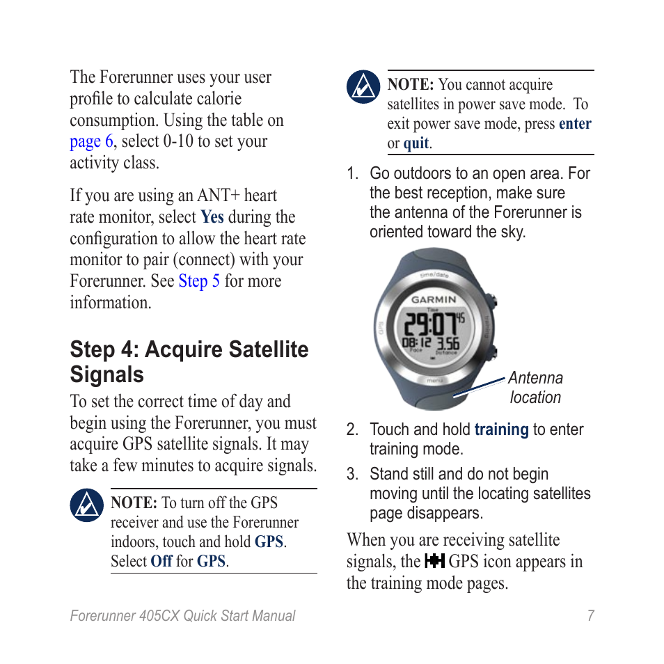 Step 4: acquire satellite signals | Garmin Forerunner 450CX User Manual | Page 7 / 12