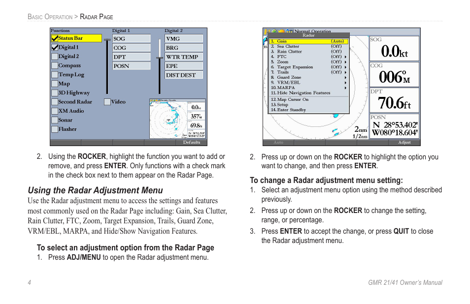 Using the radar adjustment menu | Garmin GMR 21/41 User Manual | Page 10 / 26