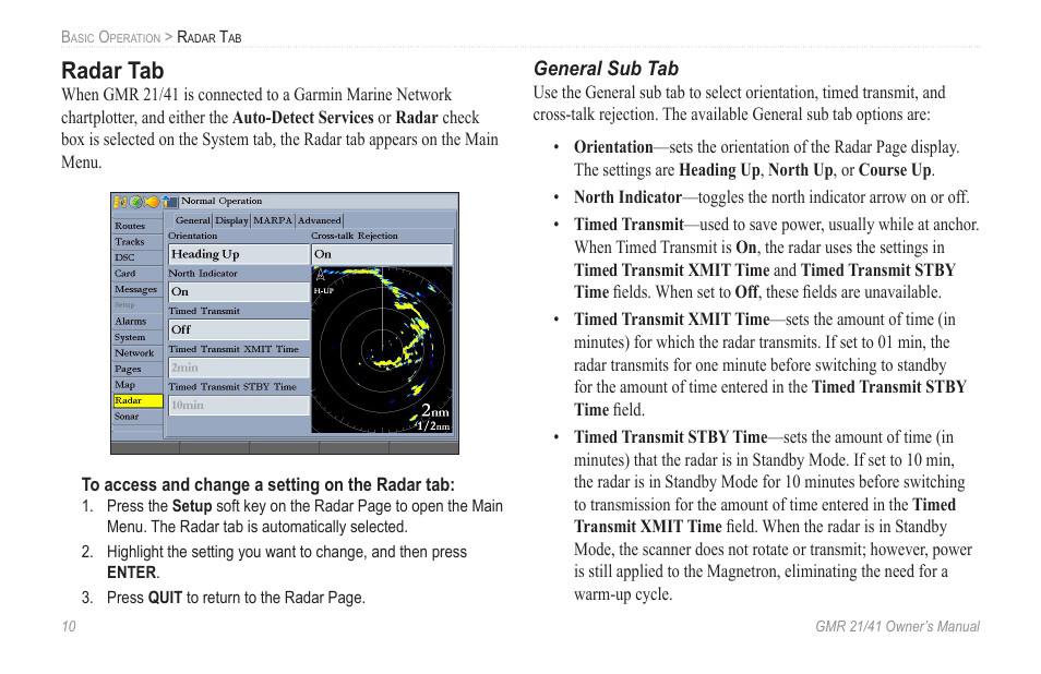 Radar tab, General sub tab | Garmin GMR 21/41 User Manual | Page 16 / 26