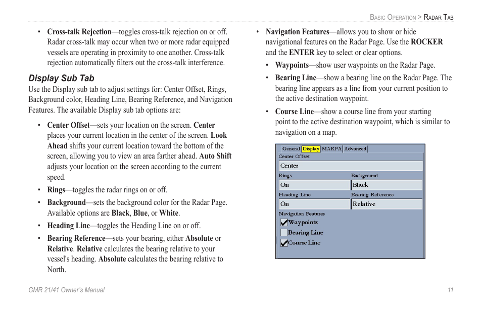 Display sub tab | Garmin GMR 21/41 User Manual | Page 17 / 26