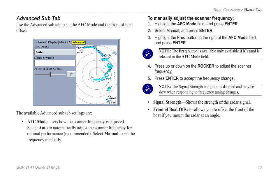 Advanced sub tab | Garmin GMR 21/41 User Manual | Page 19 / 26