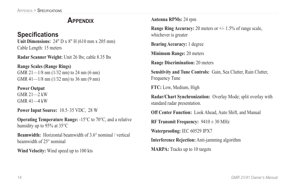 Appendix, Specifications | Garmin GMR 21/41 User Manual | Page 20 / 26