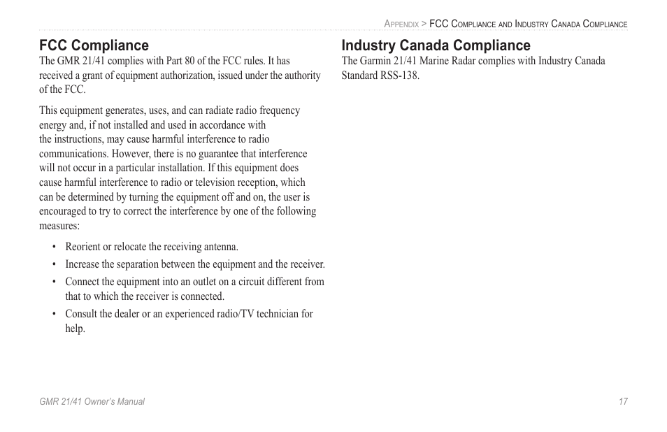 Fcc compliance, Industry canada compliance | Garmin GMR 21/41 User Manual | Page 23 / 26