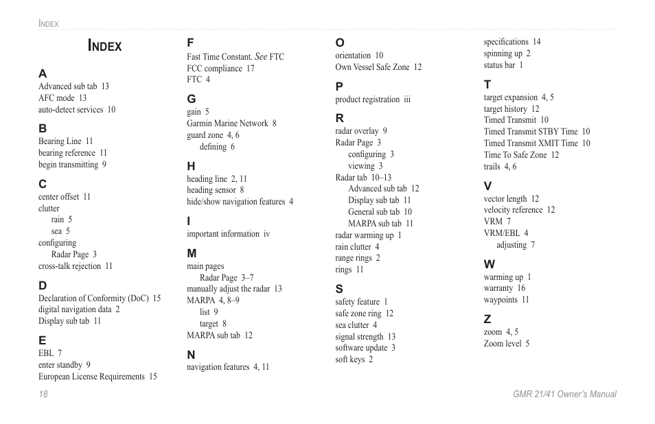 Index | Garmin GMR 21/41 User Manual | Page 24 / 26