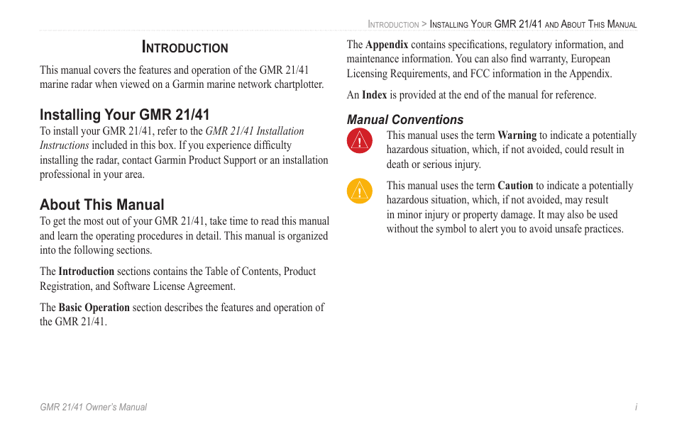 Installing your gmr 21/41, About this manual | Garmin GMR 21/41 User Manual | Page 3 / 26