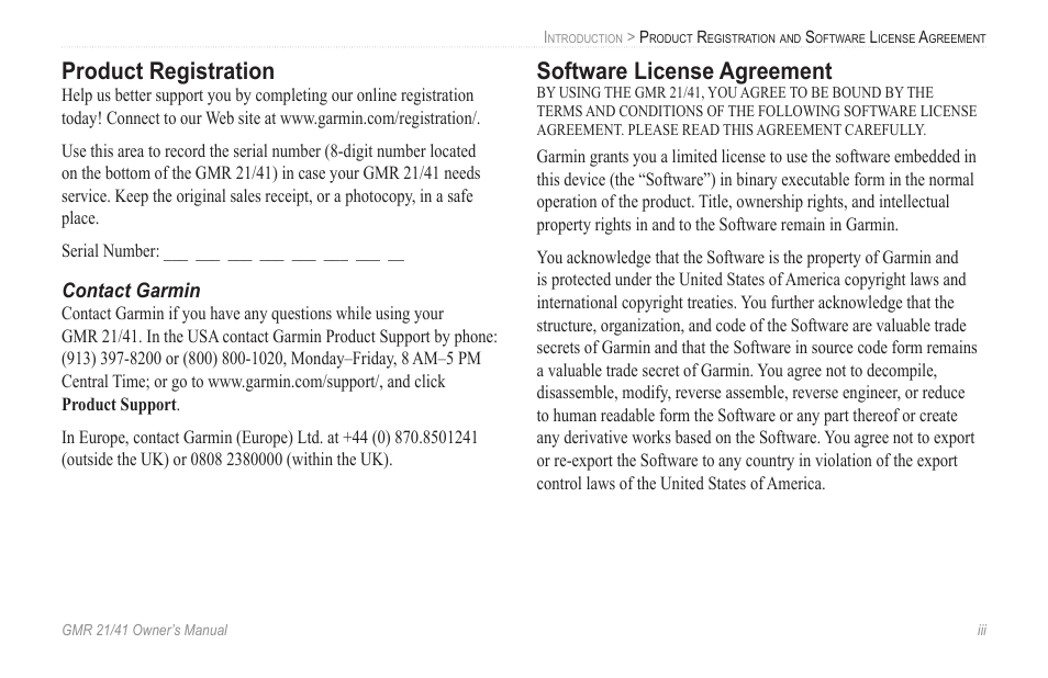 Product registration, Software license agreement | Garmin GMR 21/41 User Manual | Page 5 / 26
