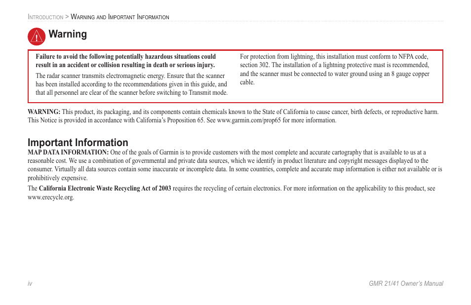 Warning, Important information | Garmin GMR 21/41 User Manual | Page 6 / 26