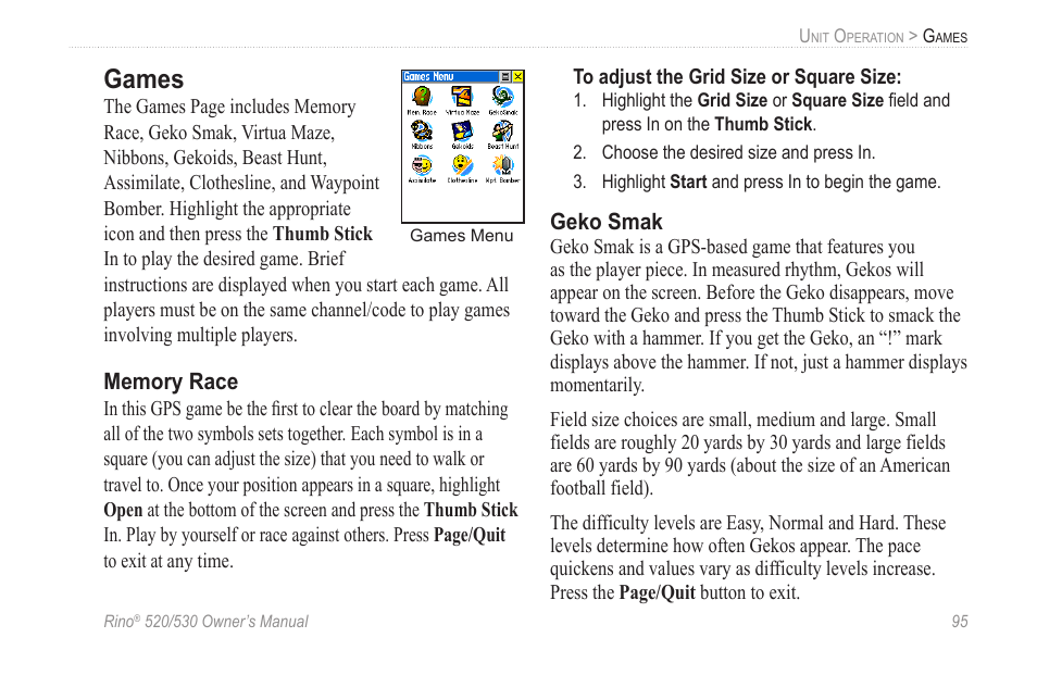 Games, Memory race, Geko smak | Garmin 520 User Manual | Page 105 / 132