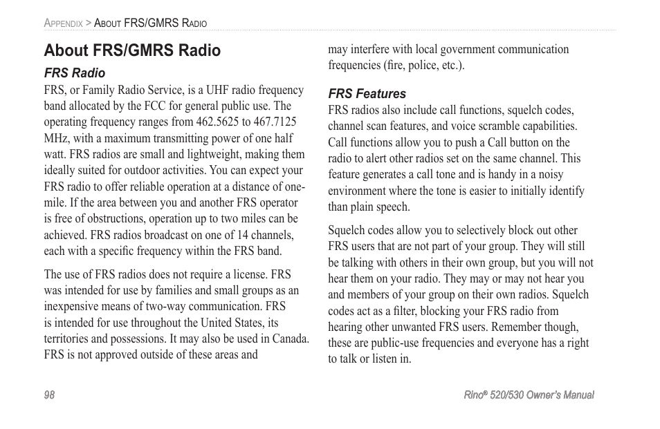 Appendix, About frs/gmrs radio | Garmin 520 User Manual | Page 108 / 132