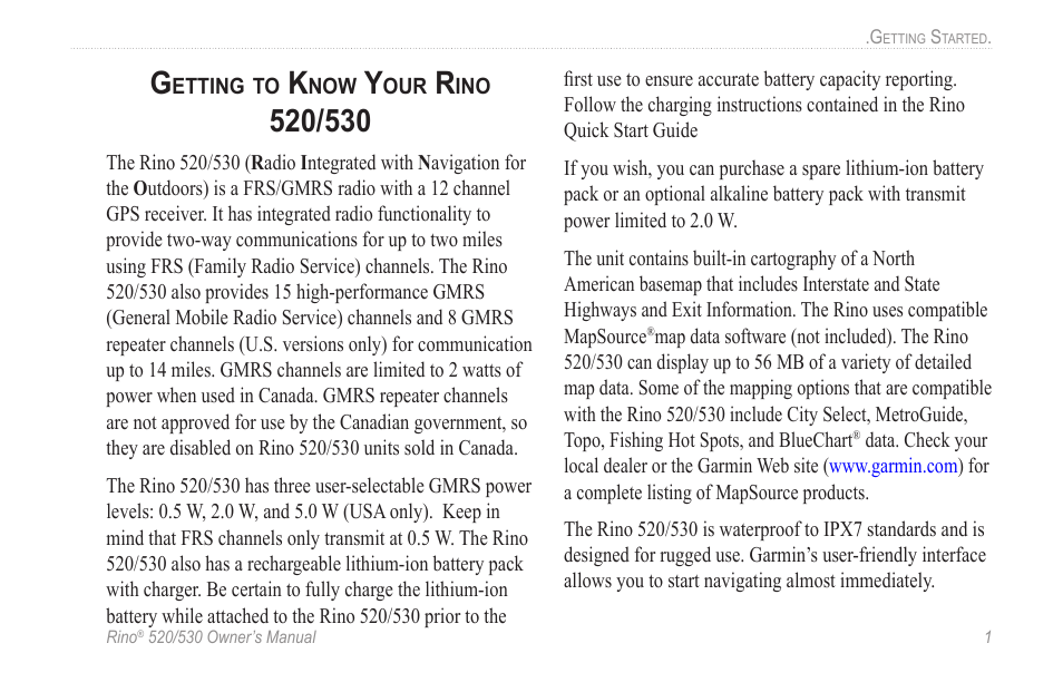 Getting to know your rino 520/530 | Garmin 520 User Manual | Page 11 / 132