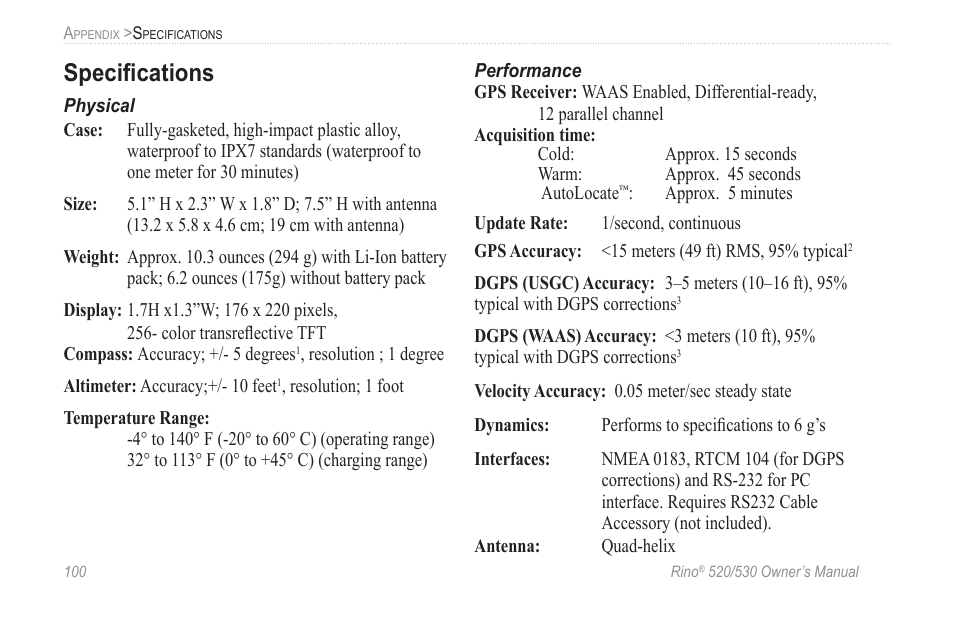 Specifications, Speciﬁcations | Garmin 520 User Manual | Page 110 / 132