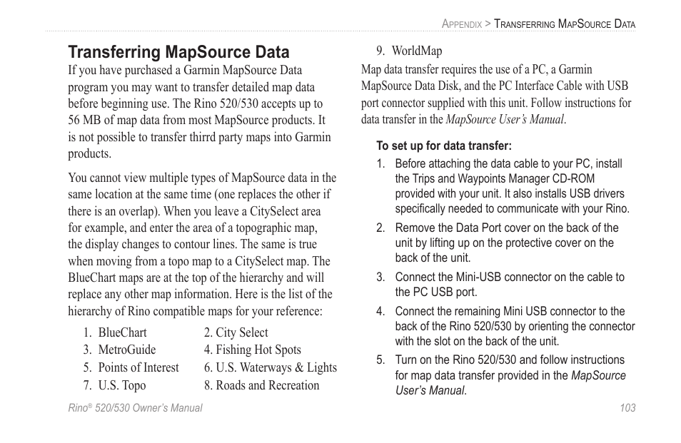 Transferring mapsource data | Garmin 520 User Manual | Page 113 / 132