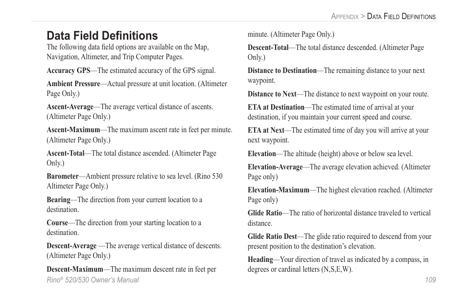 Data field definitions, Data field deﬁnitions | Garmin 520 User Manual | Page 119 / 132