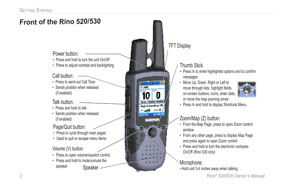 Front of the rino 520/530 | Garmin 520 User Manual | Page 12 / 132