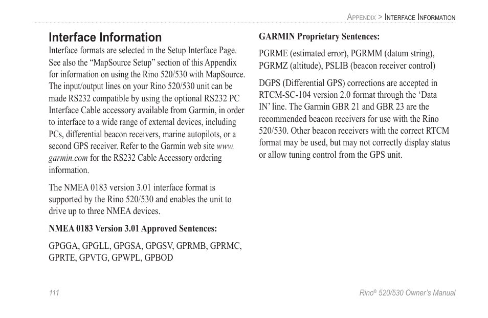 Interface information | Garmin 520 User Manual | Page 121 / 132