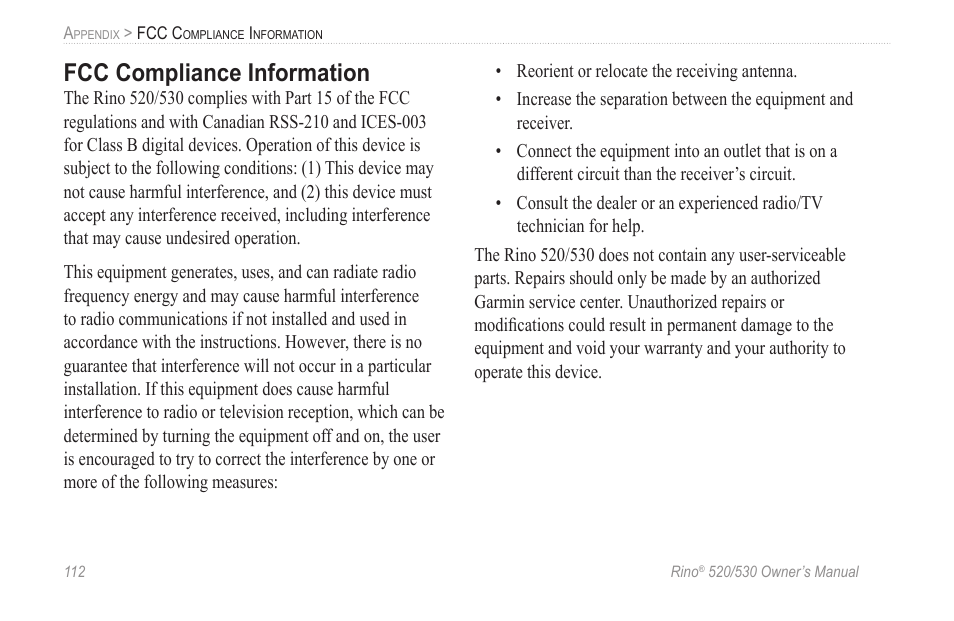 Fcc compliance information | Garmin 520 User Manual | Page 122 / 132