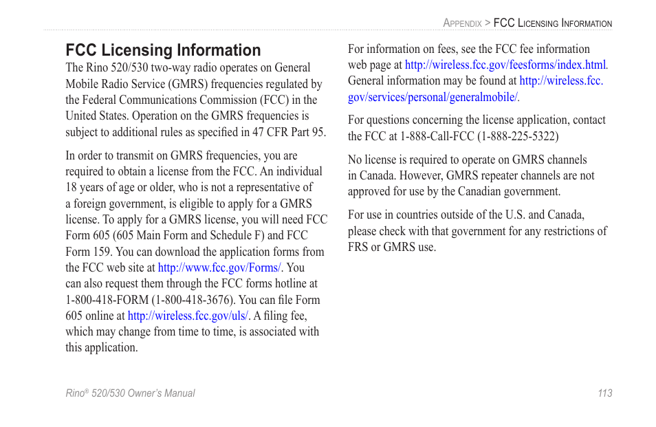 Fcc licensing information | Garmin 520 User Manual | Page 123 / 132