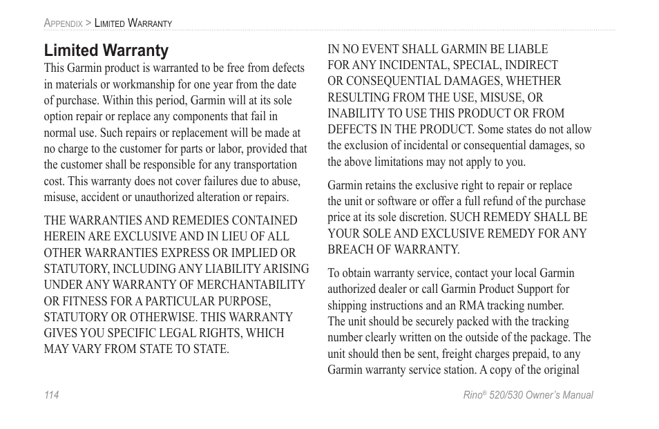 Limited warranty | Garmin 520 User Manual | Page 124 / 132