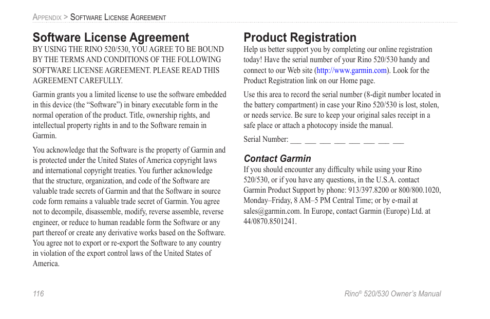 Software license agreement, Product registration | Garmin 520 User Manual | Page 126 / 132