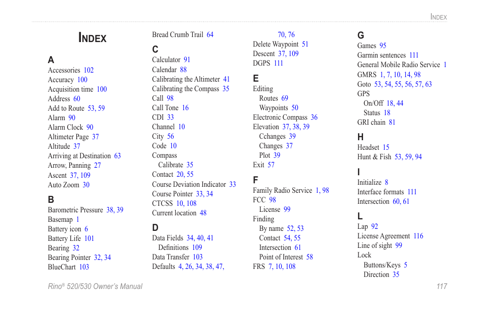 Index, Ndex | Garmin 520 User Manual | Page 127 / 132