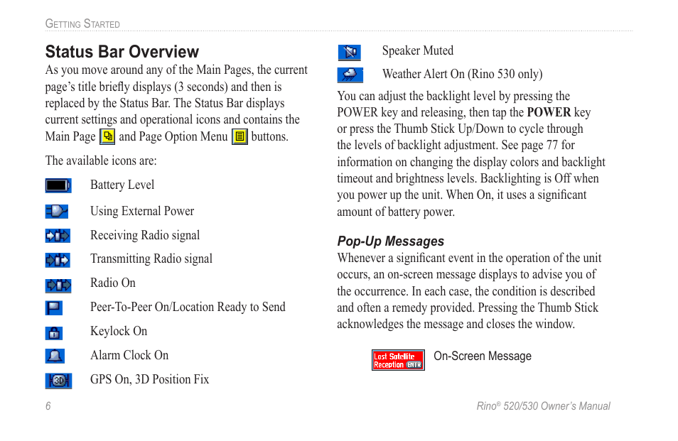 Status bar overview | Garmin 520 User Manual | Page 16 / 132