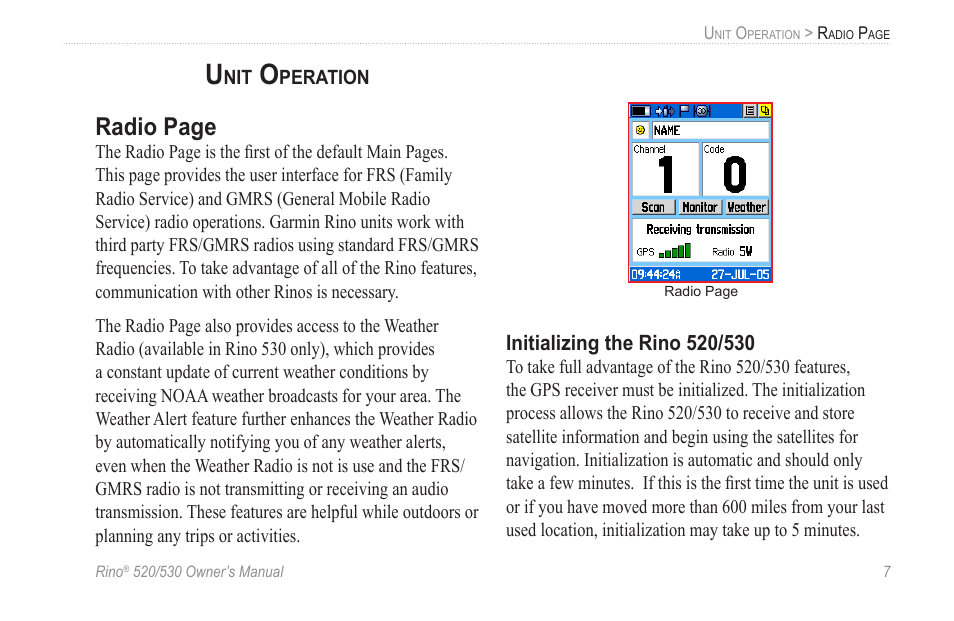 Unit operation, Initializing the rino 520/530, Radio page | Garmin 520 User Manual | Page 17 / 132