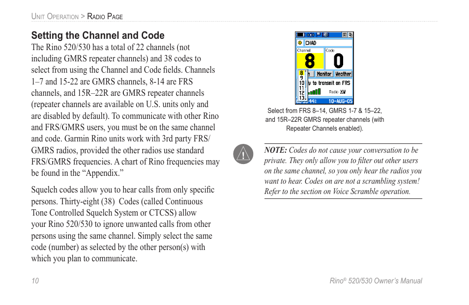 Setting the channel and code | Garmin 520 User Manual | Page 20 / 132